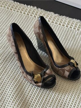 Coach Monogram Peep Toe Wedges